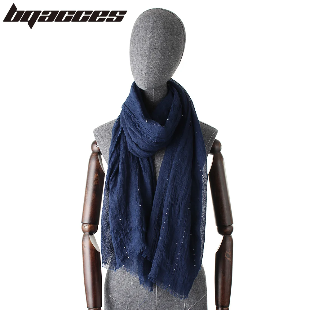 

[BQACCES] Fashion Solid Color Sequins Embroidery Cotton Scarf Fringed Wrinkled Stripe Silk Scarves Women Shawl New Hijab Bufanda