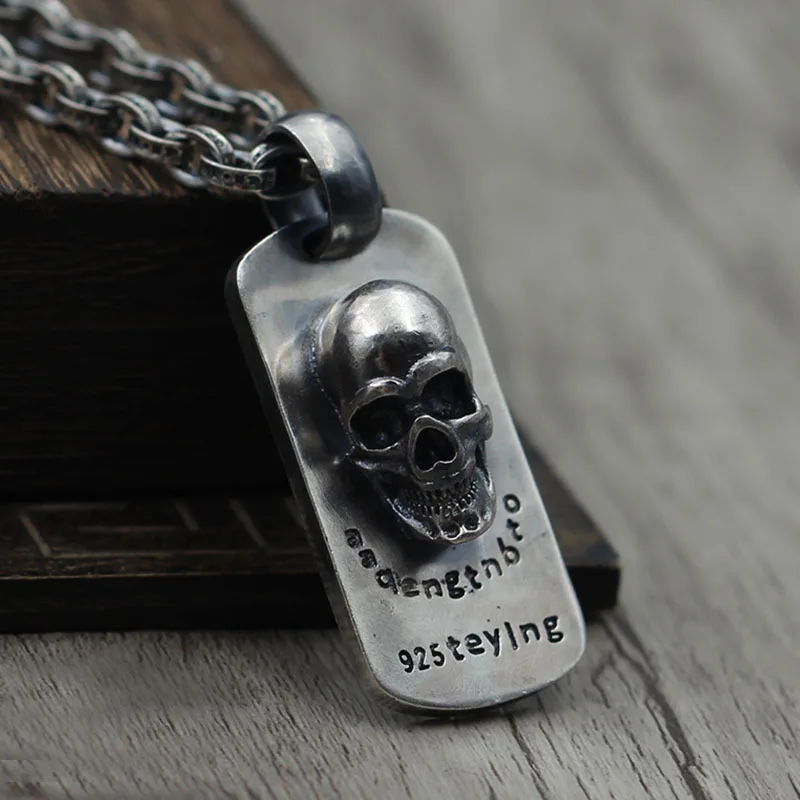 

S925 Sterling Silver Jewelry To Create Retro three-dimensional Skeleton Tag Thai Silver Necklace Wild Pendant Personality