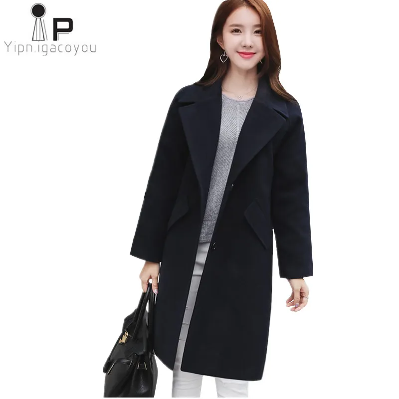 

Long Women Faux Woolen Coat Autumn Korean Fashion Black Wool Jacket Warm Overcoat Female Winter Elegant Outerwear Women Jacket