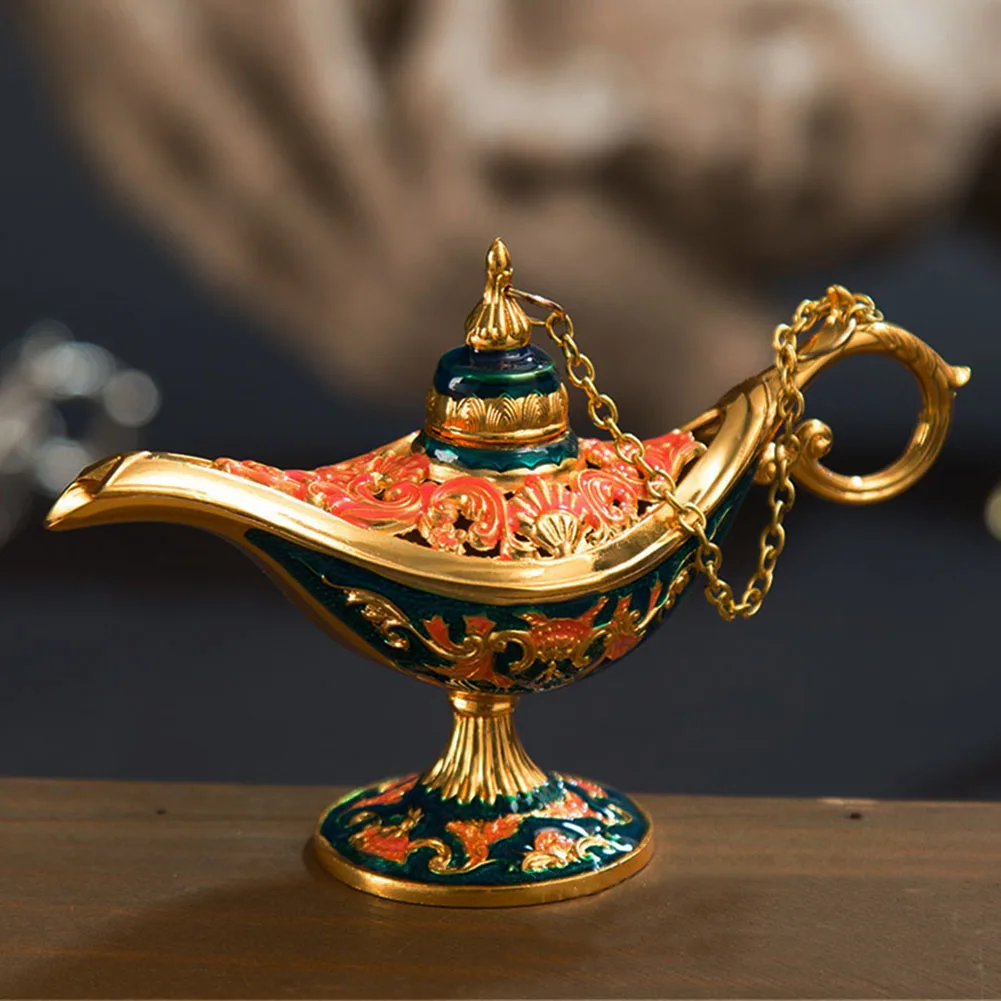 

Crafts Gift Aladdin Lamp Zinc Alloy Home Ornaments Arts Tea Pot Carved Oil Incense Burner Decor Retro Traditional Vintage