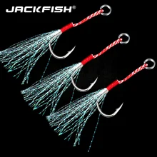 JACKFISH 10 pçs/lote Alta Aço Carbono Ganchos De Pesca com Linha de penas amarrado Farpado Ganchos Pesqueiro Anzol 20KG/44Ib