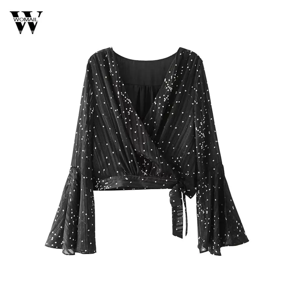 

Womail 2018 Women V-neck Sexy Print Polka Dot Blouse Black Long Speaker Sleeve Blouse Casual Tie Up Blouse Female Tops Mar 6
