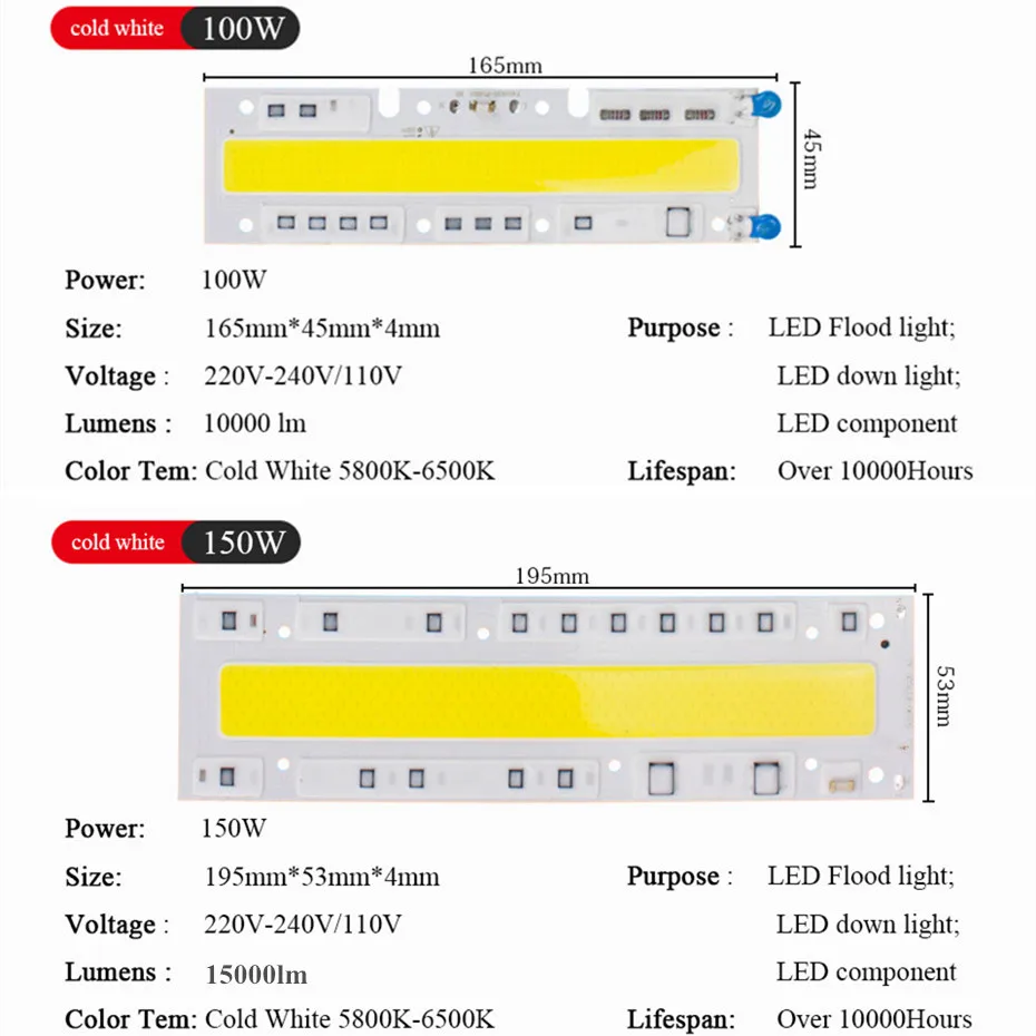 Светодиодный светильник высокой мощности прожектор Smart IC COB Chip AC 110V 220V 240V Led 30W 50W 100W