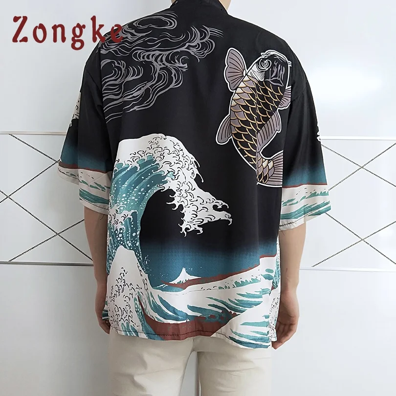 

Zongke Japanese Kimono Cardigan Men Harajuku Streetwear Kimono Cardigan Men Carp Wave Printed Kimono Jacket Coat Men 2018