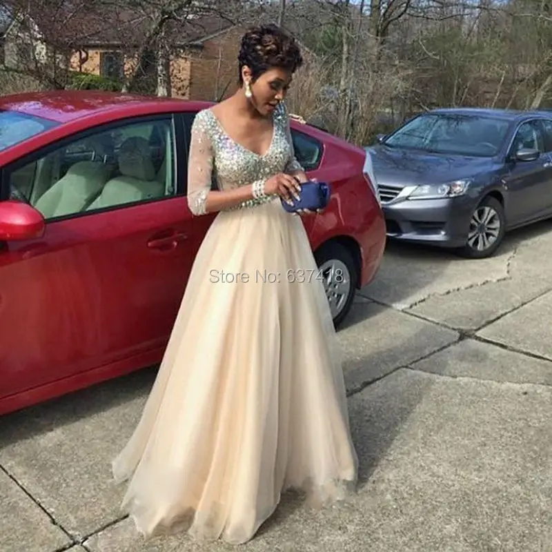 

Sexy Champagne Prom Dress Long Evening Dress with Mid Sleeves Full Crystals Top Fast Shipping