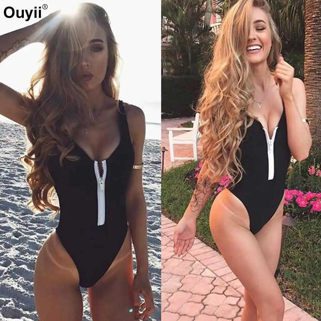 

New Solid Monikini Women Swimsuit One Pieces Swimwear High Cut Bathing Suit Backless Beachwear Front Zipper Swim Suit Swim Wear