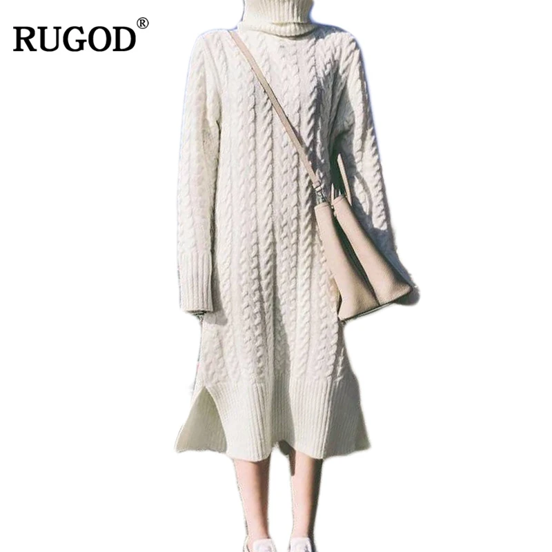 

RUGOD 2018 Women casual Sweater Dress Spring Winter Fashion turtleneck Bodycon Basic long Solid Color Knitted Dress Pullover