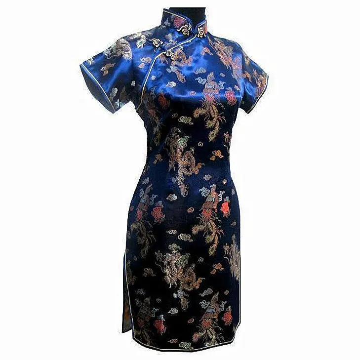 Темно-синие Винтаж китайский Для Женщин Атлас Мини Cheongsam Qipao платье плюс Размеры размеры s m l xl XXL, XXXL 4XL 5XL 6XL Mujeres Vestido J4065