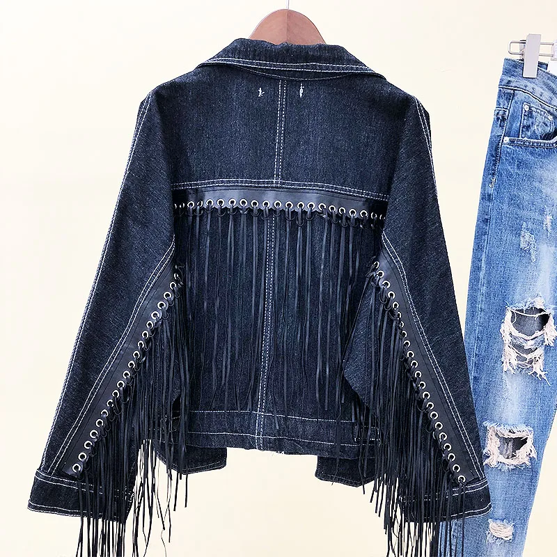 Cut women Five Star decoration blue chain tassel denim jacket oversized