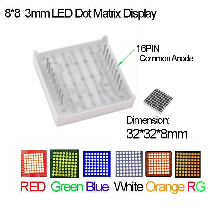 Полноцветный 3 мм светодиодный матричный дисплей 16 Pin общий анод Быстрая 2 шт./лот, красный, зеленый, синий, оранжевый, белый, RG