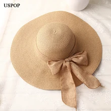 USPOP Модные женские шляпы от солнца, соломенная шляпа ручной работы, женская пляжная шляпа с бантом из ленты с широкими полями, Повседневная летняя кепка с защитой от ультрафиолета