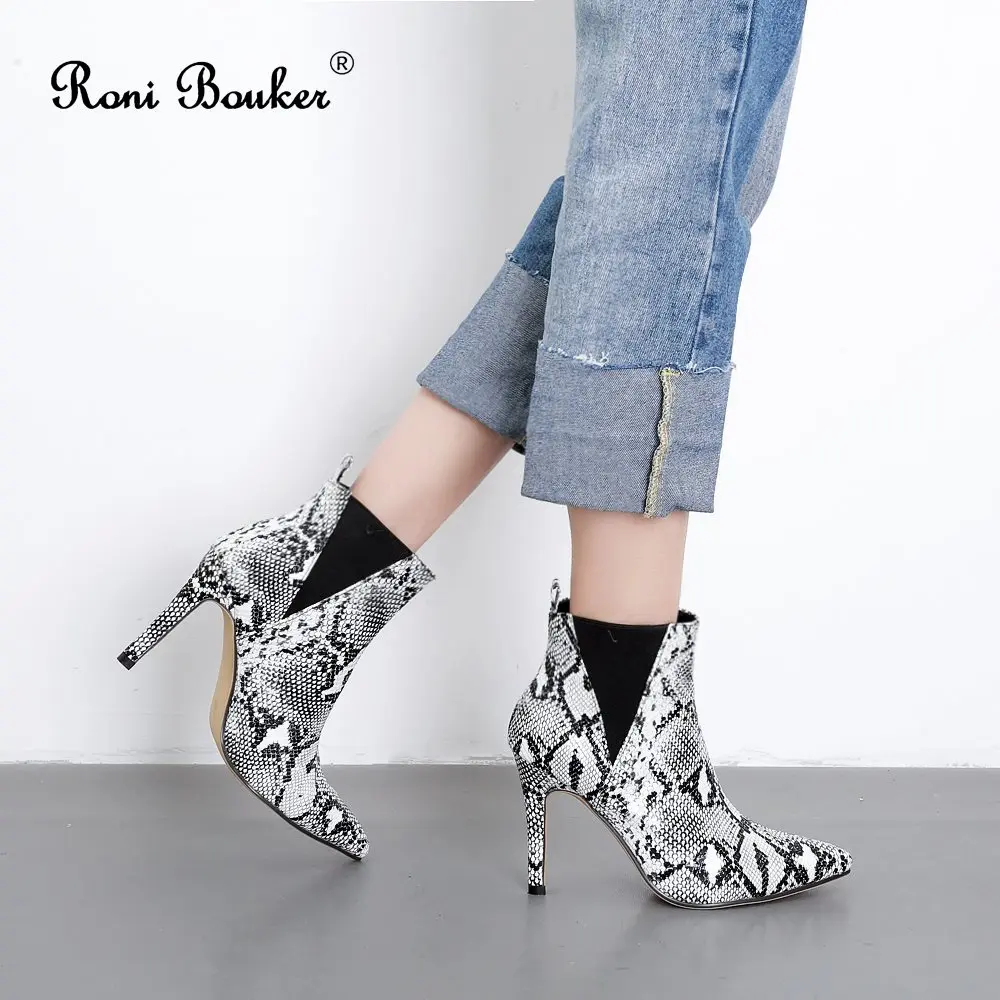 

Roni Bouker Women Boots Female Fashion Snake Pointed Toes Stiletto Heel Ankle Booties Ladies High Heel Party Shoes Free Shipping