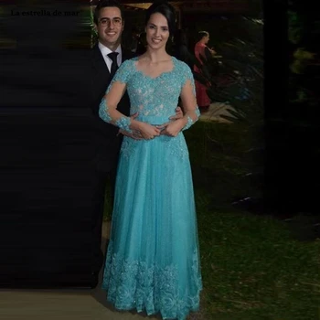 

Vestidos de graduacion largos 2019 line lace beaded long sleeve ALine turquoise prom dresses luxury robe bal custom gala jurken