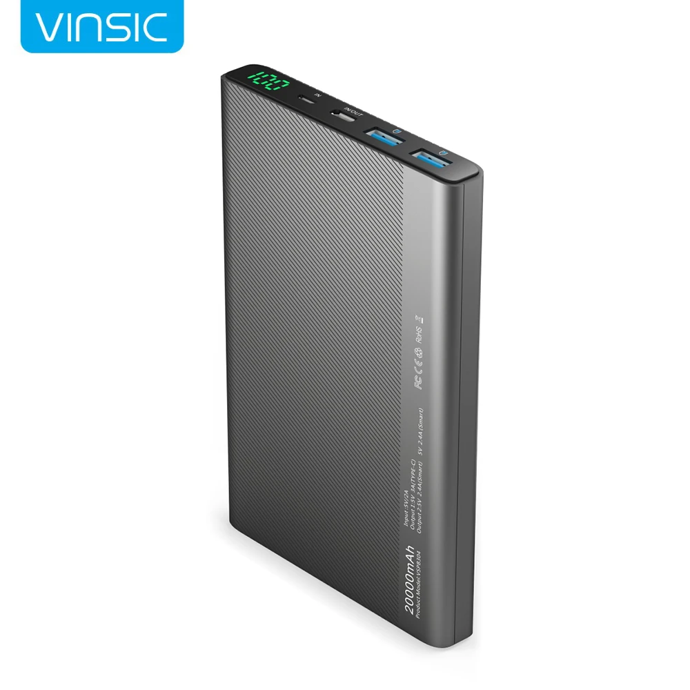 Vinsic 20000mAh Power Bank Type-C Dual 2.4A Smart USB External Battery Packup Charger for iPhone Xiaomi Samsung Huawei Tablets