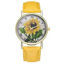 Relojes de pulsera simples de cuero de PU de lujo, relojes de pulsera de cuarzo con pintura de girasol para mujer, reloj de pareja, joyería y Ff