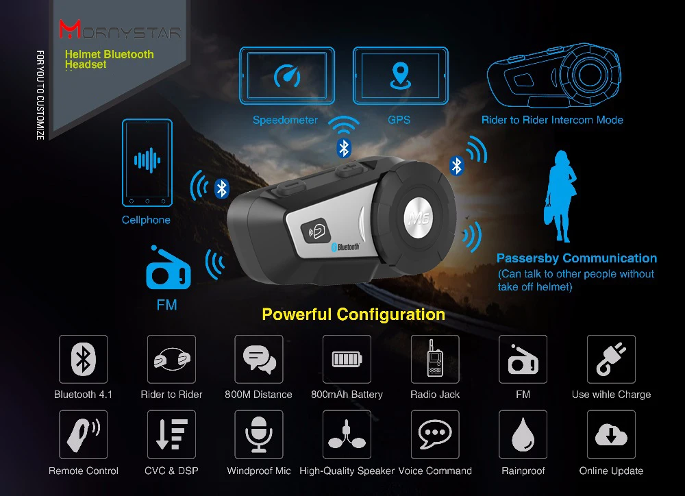 Гарнитура M6 Plus 1000m для мотоциклетного шлема Bluetooth MP3 FM голосовое управление