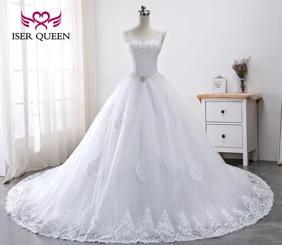 

Luxury Crystal Pearls Beading Wedding Dresses Princess Style Ball Gown Embroidery Appliques Court Train Wedding Dress WX0012