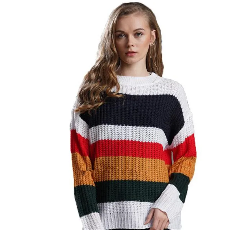 WKOUD 2019 Winter Women Clothes Fashion Striped Printed Sweaters Sexy Long Sleeve OL Knitted Pullovers New Streetwear Y8055 | Женская