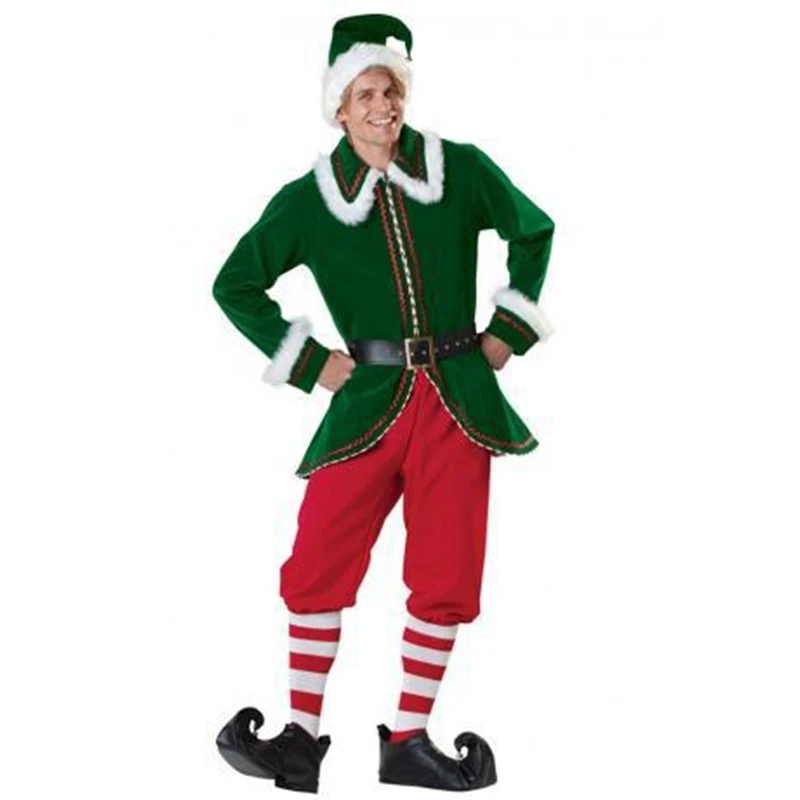 2 стиля, Рождественский костюм Санта-Клауса для мужчин, маскарадный комплект одежды для взрослых, зеленый праздничный костюм эльфа Санта-Клауса