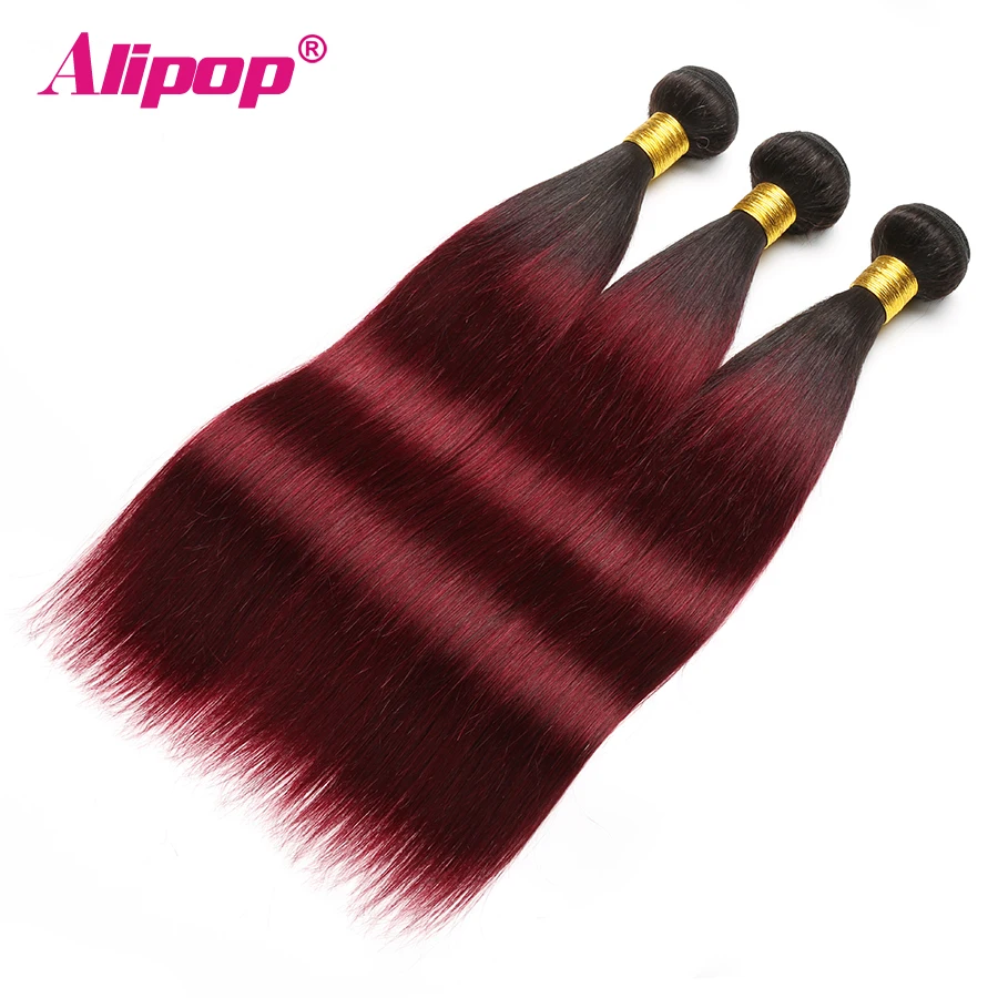 Ombre Straight Hair Bundles Brazilian hair Non Remy Human hair 3 Bundles 1B99J Colored Burgundy Bundles Hair Extensions ALIPOP (3)