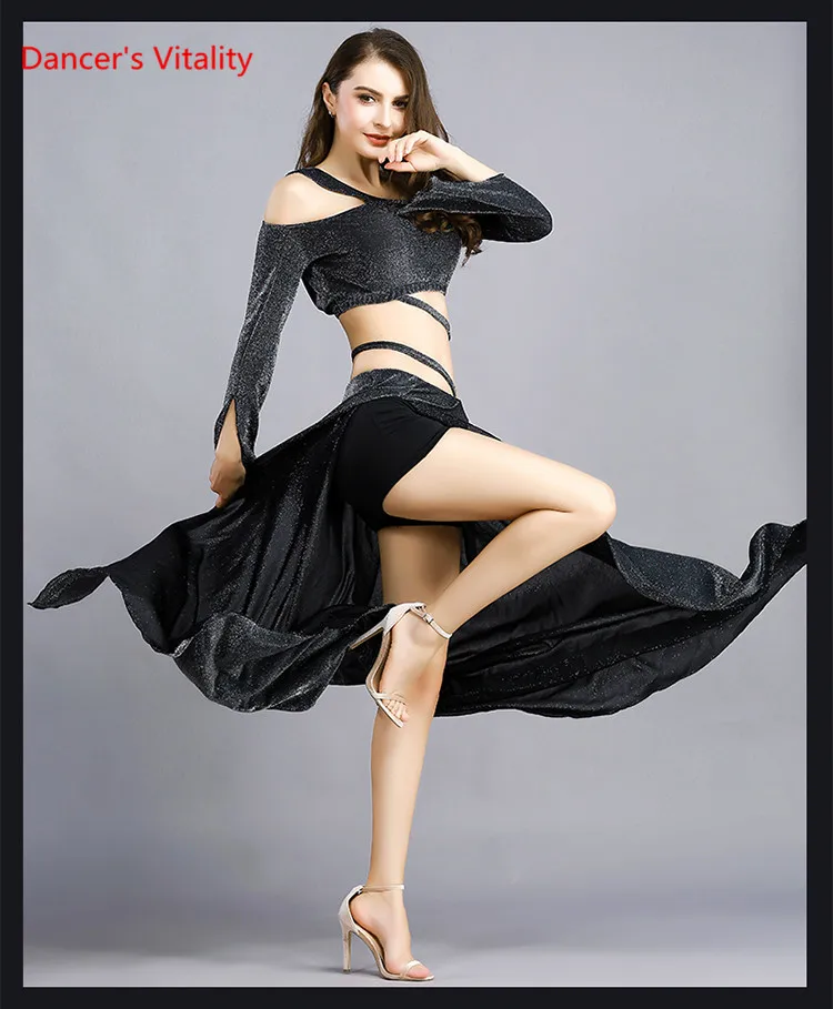 Женский костюм для танца живота, одежда для упражнений для взрослых, для танцев, восточное платье с длинным рукавом, цвет красного вина, черный, бархат, зима