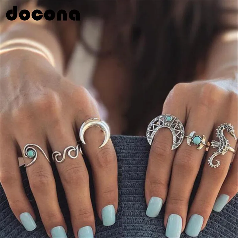 

docona Bohemian Silver Moon Sea Horse Finger Ring Set for Women Green Rhinestone Hollow Wave Knuckle Midi Rings 6pcs/1set 4023