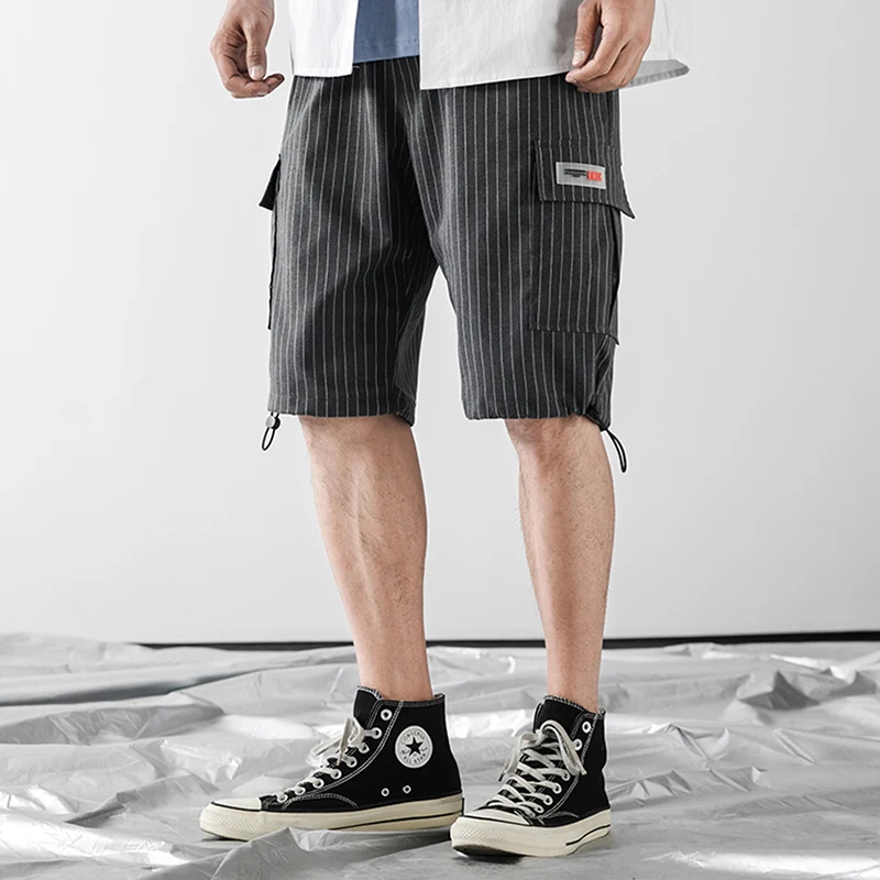 

Youth Striped Shorts 2019 Summer New Baggy Casual Shorts Men's Large Pockets Vertical Stripes Mid-Rise Shorts