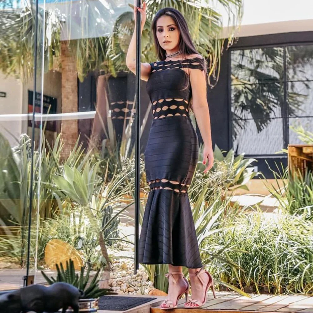 

2019 new arrival women dress wholesale high quality black cut out long maxi bandage dress party dress Dress + suit