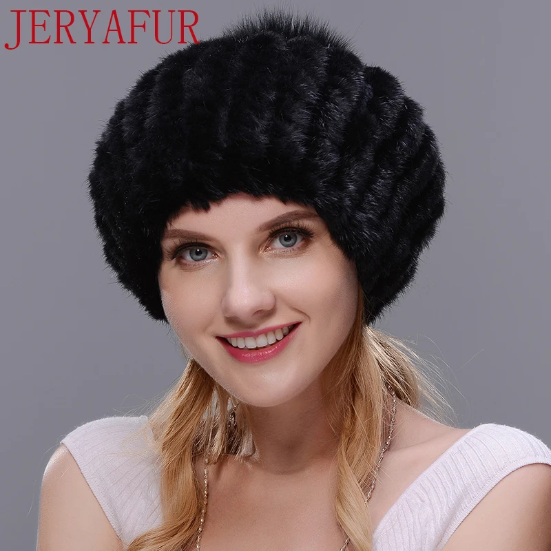 JERYAFUR, настоящий натуральный норковый мех, берет, шапка, зимняя женская лыжная шапка, негабаритный мех лисы, помпон, черная, коричневая шапка, шапка