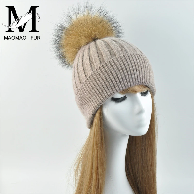 Ceny Kobiety czapka zimowa kobieta wymienny prawdziwy szop Pompon futrzany kapelusz czapka wełna czapka futro naturalne Pompon kapelusz dla kobiet czapki