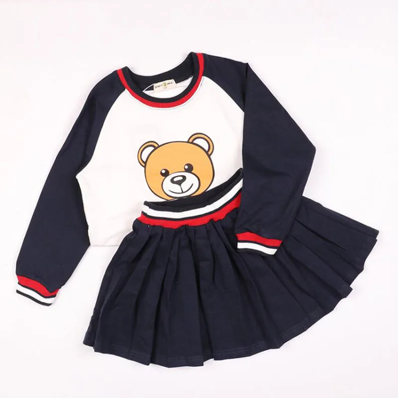 Girls Clothes Set Bear Printed Navy Blue School Clothing Suit Long Sleeve Autumn Tracksuit Boys Sets Drop Shipping Children Wear