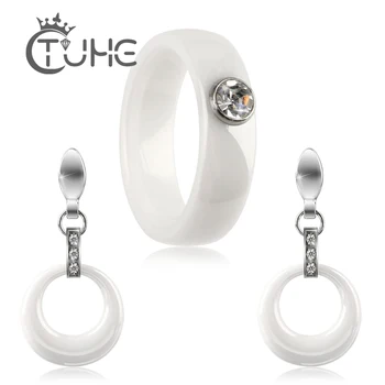 

Elegant Style White Ceramic Jewelry Sets For Female Understated and Refined Circle Pendant Earrings Crystal Rings Jewelry 2018