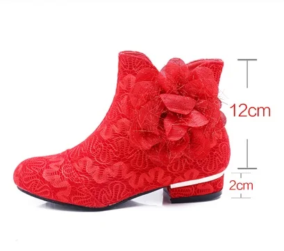 Женские ботинки; обувь на низком каблуке на меху с цветочным кружевом; Свадебная обувь; Botas Mujer Zapatos; очаровательные ботильоны с круглым носком; Зимняя Красная обувь на молнии