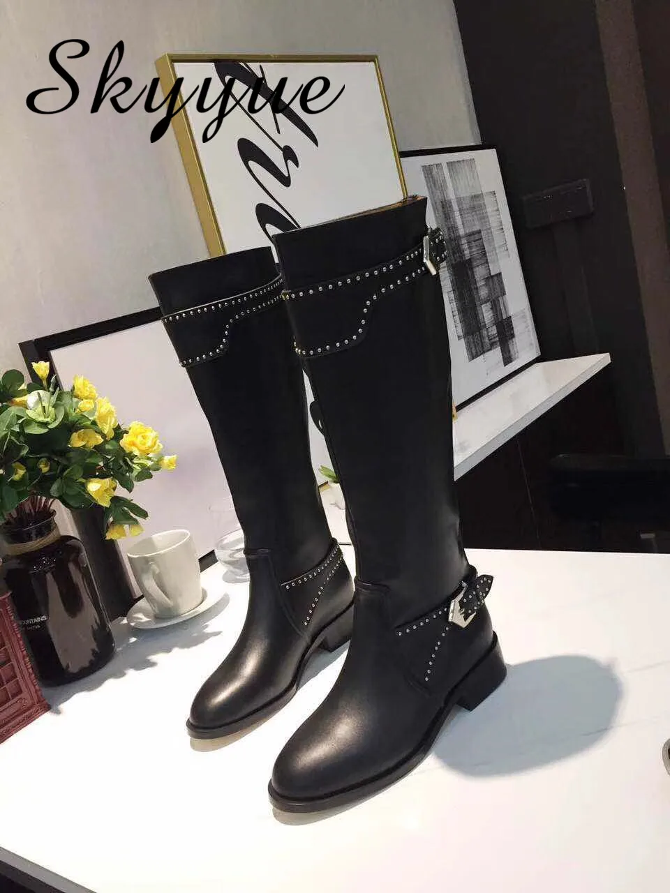 

SKYYUE New Genuine Leather Metal Dot Studded Women Boots Round Toe Knee HIgh Women Autumn Winter Boots Low Heel Shoes Women