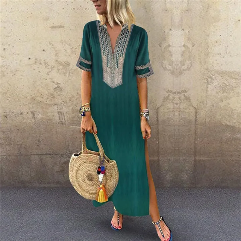 New Fashion Women Summer Sexy V-Neck Short Sleeve Folk-Custom Print Vintage Dress Elegant Ladies Casual Party Vestidos #4R09   (7)