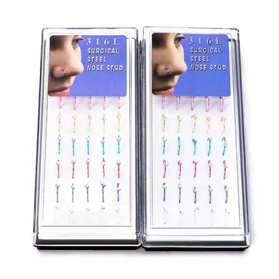 40 Pcs/box 12g Trendy Crystal Nose Hoop Rings Body Piercing Jewelry For