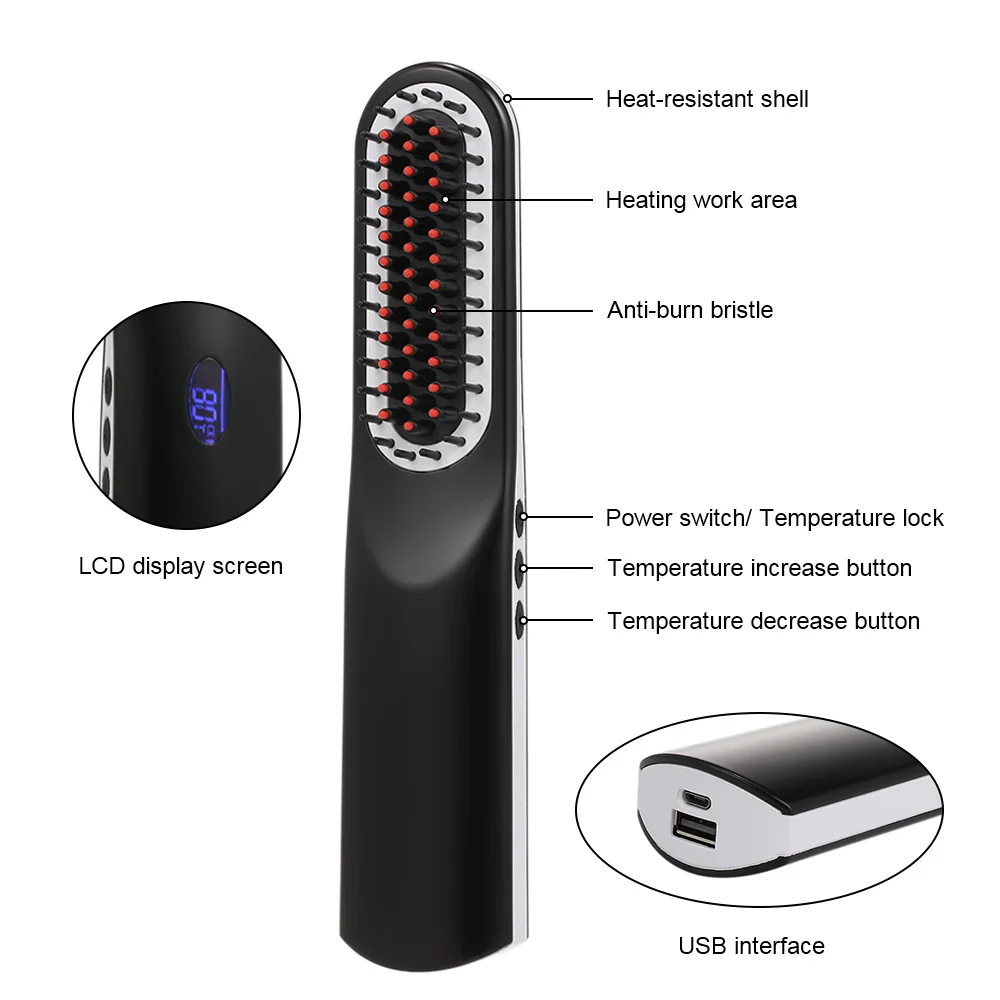 

NASV USB Rechargeable Hair Straightening Brush Wireless Ceramic Ion Hair Straightener Curling Iron Comb with LCD Display