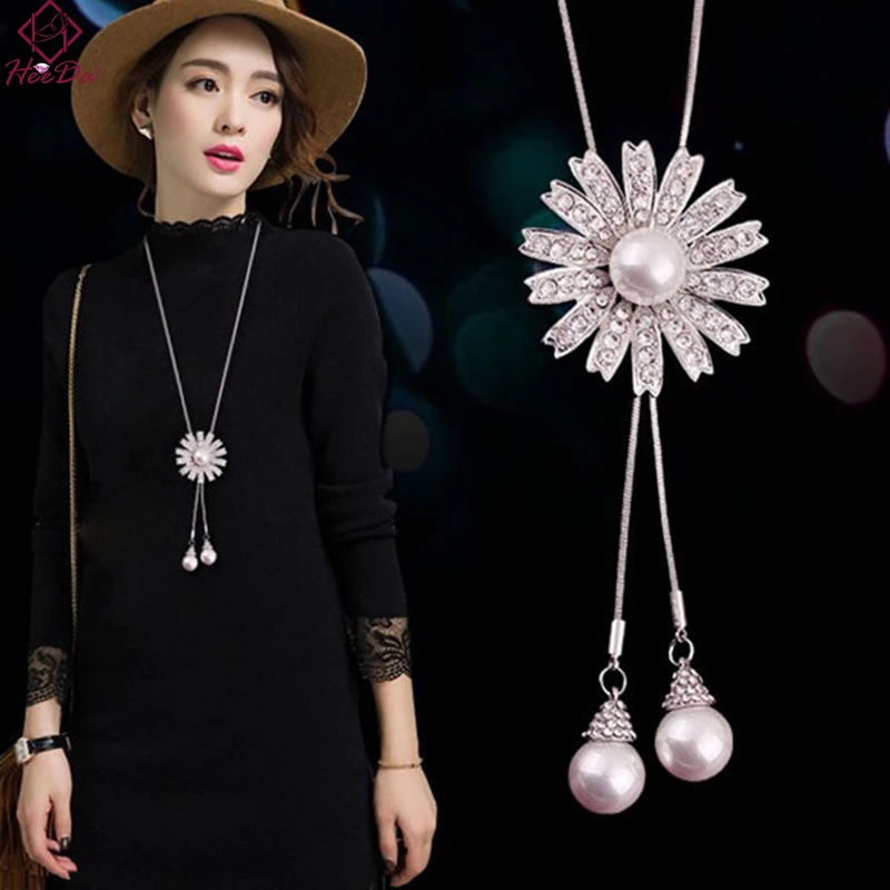 

Heeda Japan Korean Fashion Graceful Pearl Long Tassel Necklace Women Autumn Winter Joker Sun Flower Sweater Chain Simple Jewelry