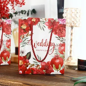 

20 x Red Flower Floral Printed Happy Day Paper Bags Wedding Favors Candy Box Hand Bags Makeup Bags Party Gift Bags, 14.9x7x17cm