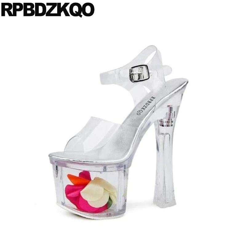 Ladies Clear Luxury Thick Exotic Dancer Transparent Cinderella 18cm Sexy High Heels Flower Glass Slingback Shoes Stripper Pumps | Обувь