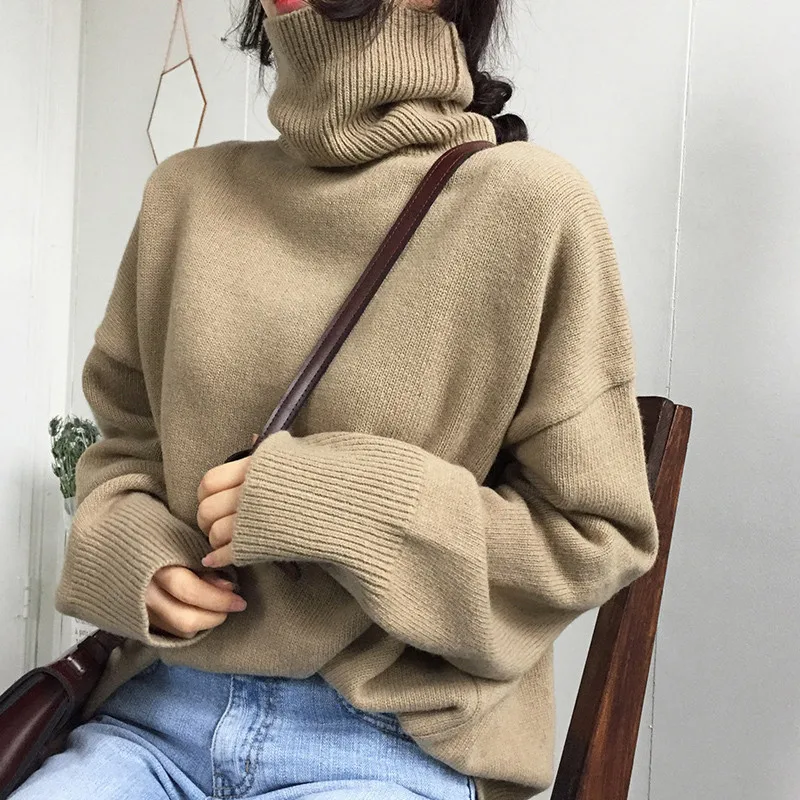 

Autumn Winter Women Pullover Sweater Warm Turtleneck Long Sleeve Loose Knitting Sweaters 2019 Korean Solid Chic Tops Clothes