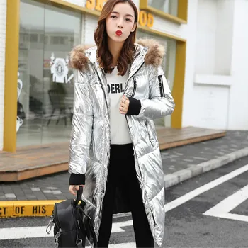 

Faux Fur Collar Metal Color Hooded Parka Cotton Padded Coat Golden Silver Bright Down Jacket Long Bomber Outwear Cardigan Trench