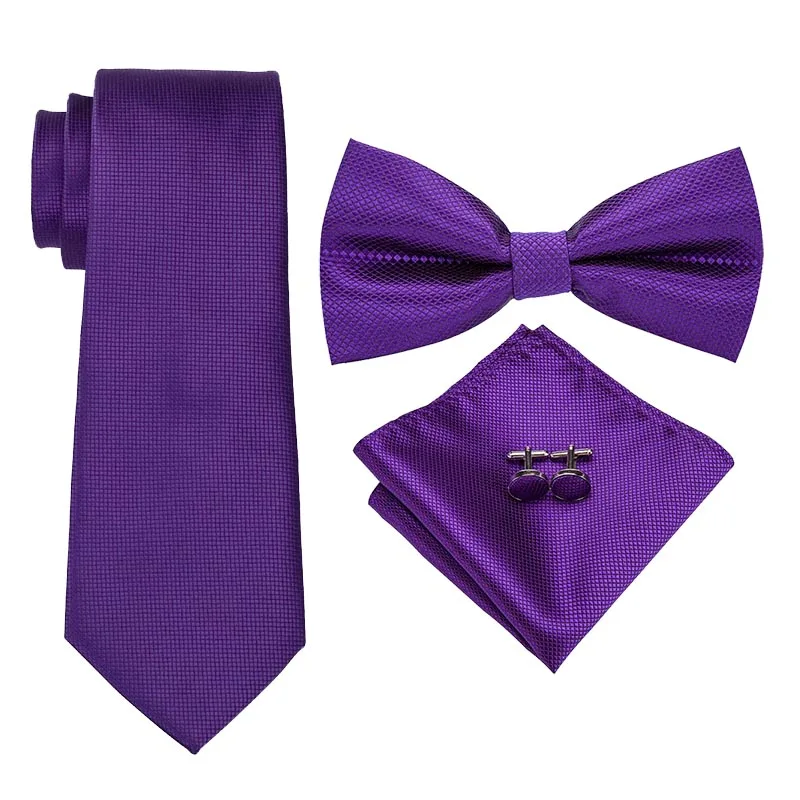 

Purple Neck Tie Bowtie Cravat Set Pocket Square Cufflinks Set Men Bowtie Wedding ties Solid Plain fashion mens Ties D-281-L-768