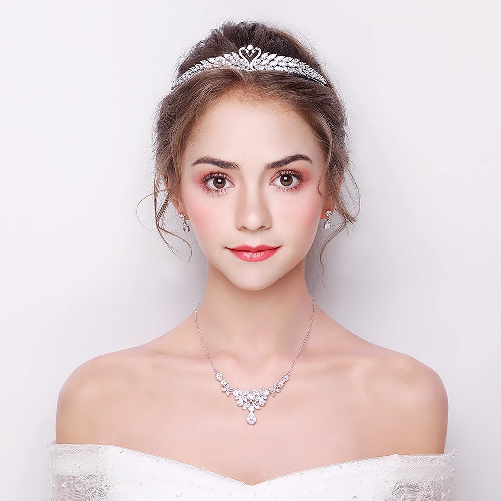 

Bridal Wedding Cubic Zirconia Jewelry Sets Marquise Zircon Necklace Earrings Princess Swan Crown Tiara CZ Stone Choker Pendants