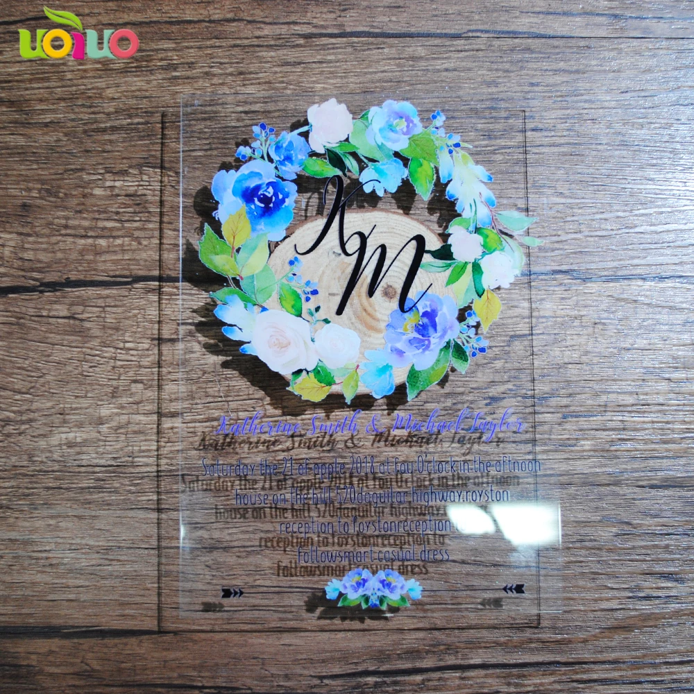 

Nice flower printing wedding invitation card clear laser cut acrylic greeting invitations design chinese traditional cards