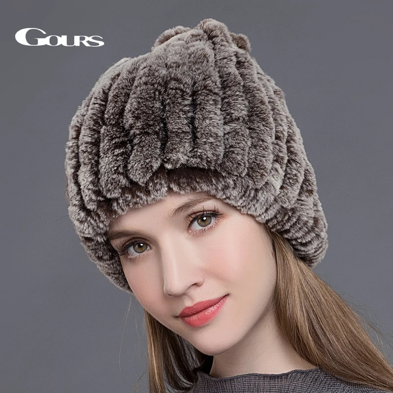  Gours Natural Rex Rabbit Fur Hats for Women Winter Warm Fashion Brand Beanies Ladies High Quality C