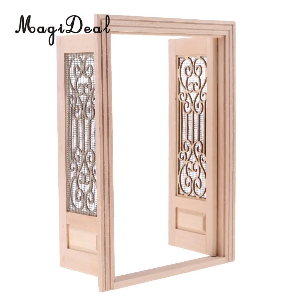 1/12 Dollhouse Miniature Wooden External Hollow Screen Double Door Unpainted Rooms DIY Items Dolls House Furniture Decor Acc