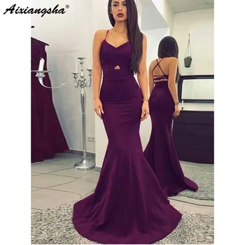 

Charming Purple Mermaid Evening Dress V Neck Spaghetti Straps Cross Back Long Prom Dresses Elegant Evening Gown