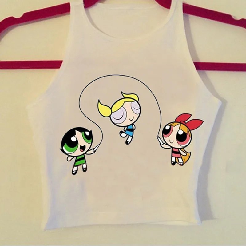 

SexeMara KNITTING F1723 2016 Summer Sexy Women Tops Funny The Powerpuff Girls Rope Skipping Printed Crop Tops For Girls