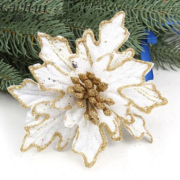 

5pcs Golden Red Double Layer Gold Edge Christmas Artificial Flowers Bright Powder Xmas Tree Ornaments New Year Party Pendant